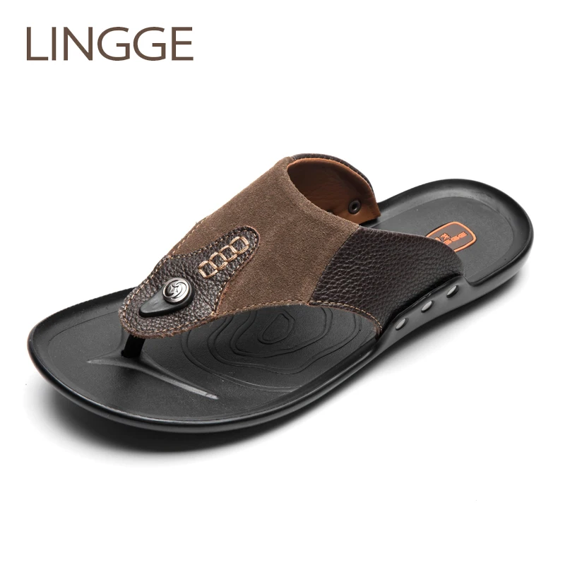 LINGGE New Arrival Brand Men's Flap Flops Genuine Leather Men Slippers Summer Beach Walking Rivet Shoes Size 38-44 | Обувь