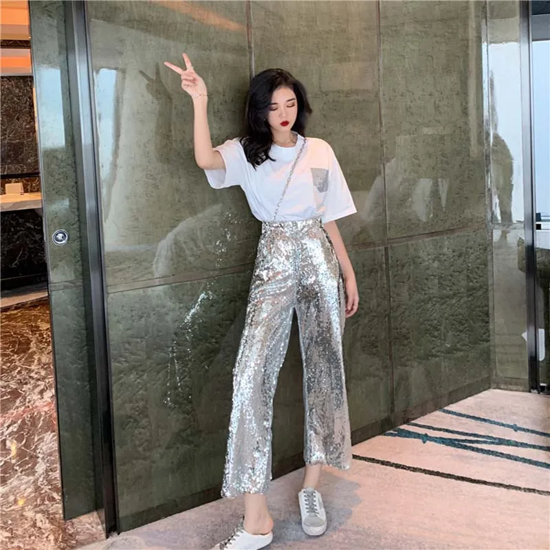 

Summer Women Two Piece Set and Pants Casual T-shirt Tops Sequin Pants Suit Casual Outfits 2 Piece Matching Sets Tracksuit