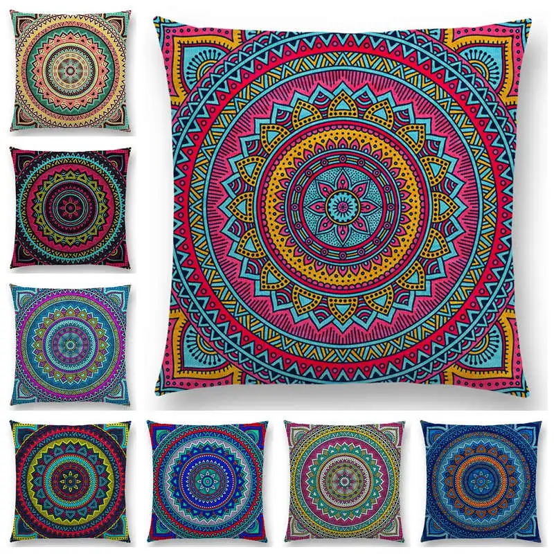 

Hippie Mandala Boho Rainbow Floral Pattern Sofa Throw Pillow Case Sun Moon Flowers Colorful Dream Fantasy Cushion Cover