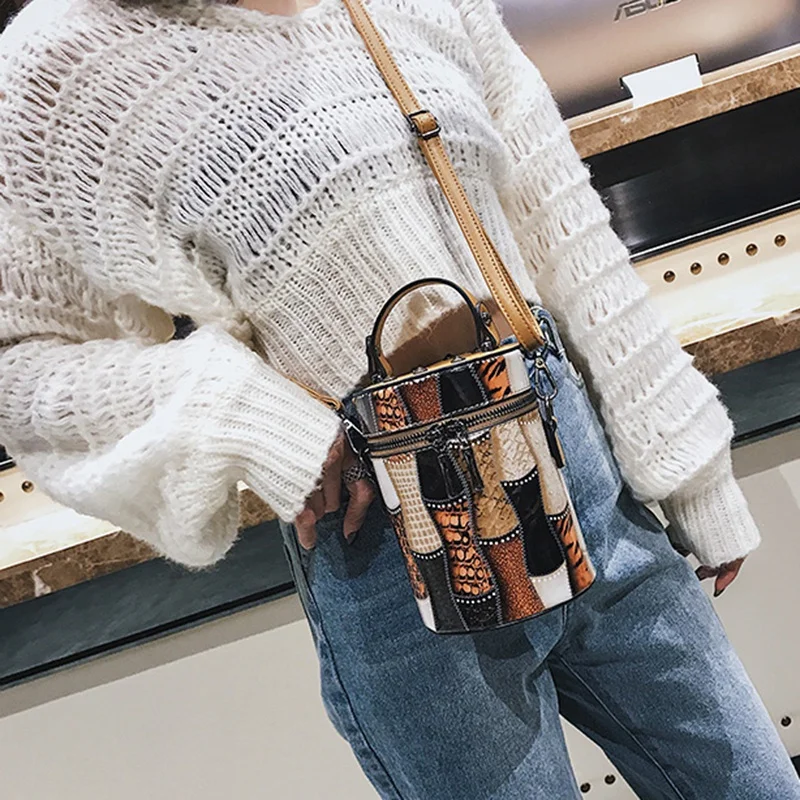 

New Style Cylinder Bag Women Diagonal Cross Bucket Personalized Print Shoulder Bag Evening Clutch Barrel-Shaped Bag