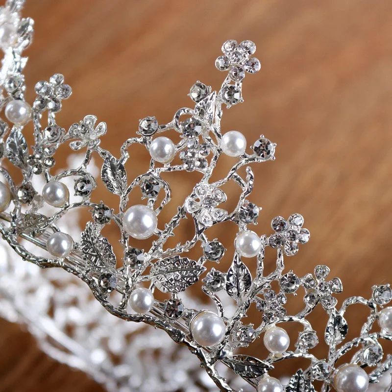 Европейский большой круглый горный хрусталь Тиара жемчуг Серебряная корона полный круг вуаль короны свадебные пышные ювелирные изделия на волосы аксессуары HG701