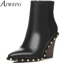 AIWEIYi Vintage Style Genuine Leather Women Boots Wedges Shoes Booties Cowhide Women’s Shoes Side Zip Ankle Boots Zapatos Mujer