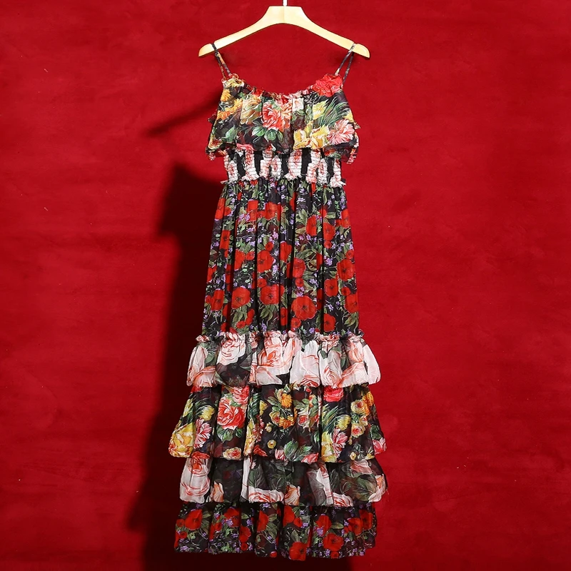 

Red RoosaRosee Runway Boho Holiday Party Summer Maxi Dress Women's Elastic Waist Ruffles Floral Print Elegant Long Resort Dress