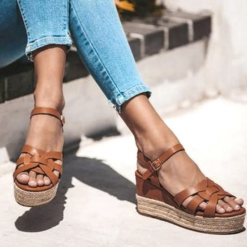 

Platform Wedges Sandals Shoes Women Leather High Heels Sandals Summer 2019 Chaussures Femme Sandals Plus Size 43