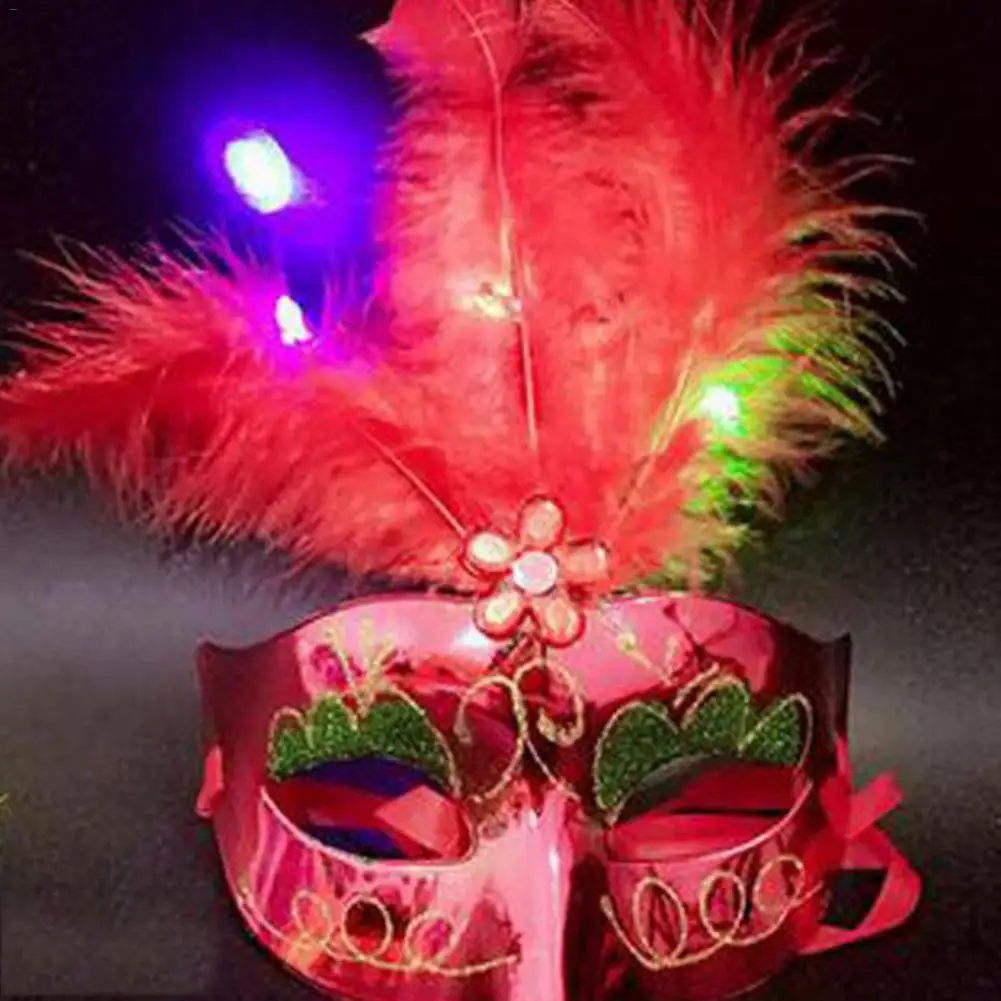 Christmas Half Face Style LED Luminous Mask Party Ball Feather Mask (With Button Battery&OPP Packing)