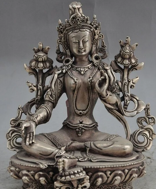 

686++8" tibet buddhism fane silver green tara buddha bodhisattva goddess god statue