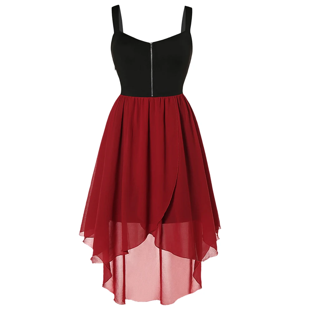 Wipalo плюс размер шифоновое платье на молнии без рукавов Наложение миди асимметричное платье Спагетти ремень летнее женское платье Vestidos - Цвет: Red