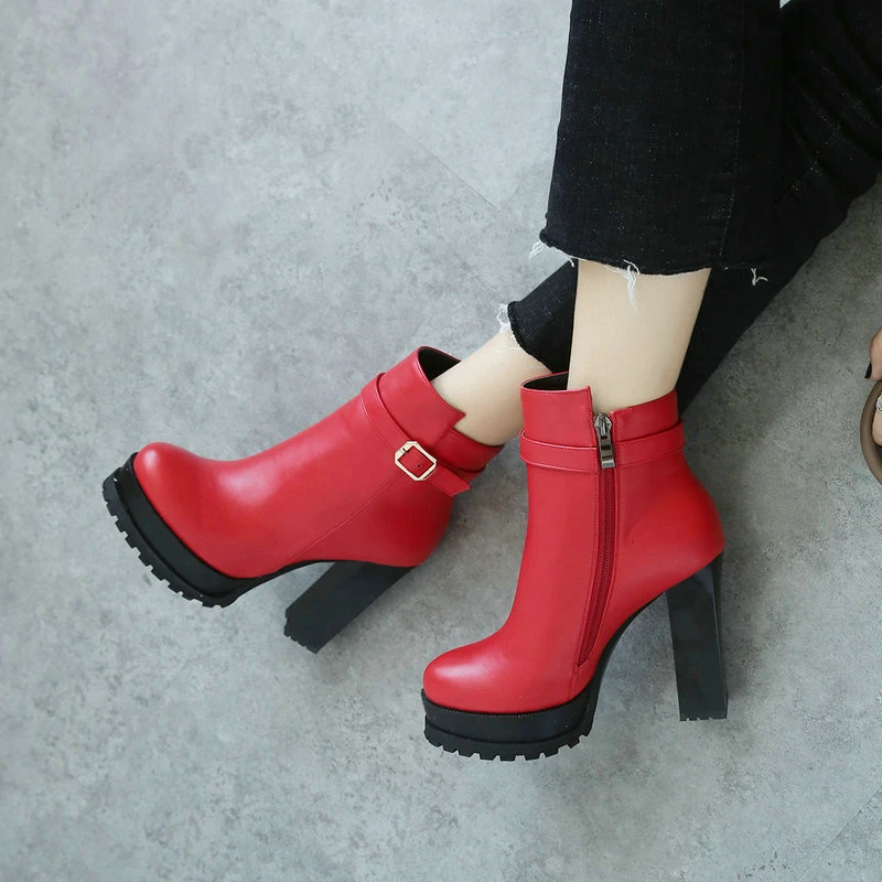 red chunky heel boots