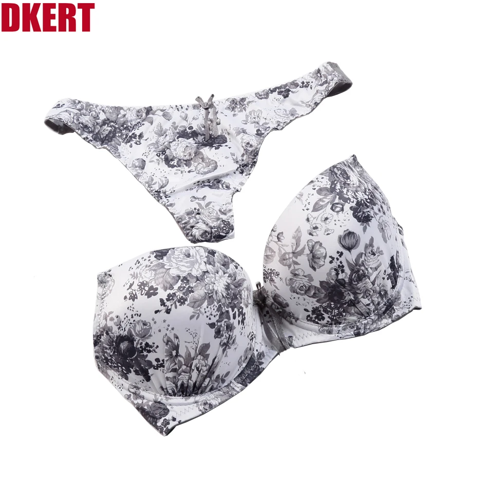 

DKERT Intimates Push Up Underwear Bra Set ABC Print G-String Bra Brief Sets Lace Bow Sexy Lingerie Bra Panty Set 34 36 38 K088