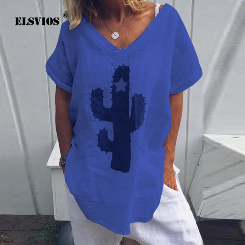 

ELSVIOS 2019 Summer Cactus Print V-neck Women Beach Blouses Loose Plus Size Tops Short Sleeve Shirt Casual Streetwear Blouse 5XL