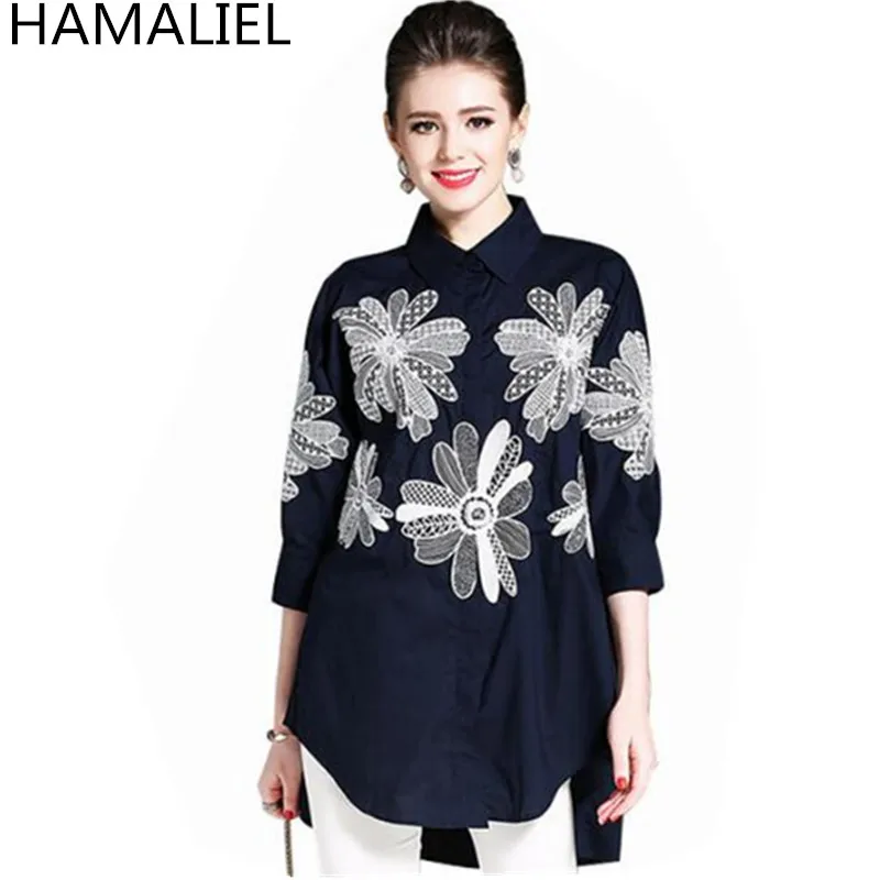 

HAMALIEL High Quality Summer Oversize Blouse 2018 Fashion Women Blue Cotton Embroidery Floral Asymmetrical Casual Loose Shirt