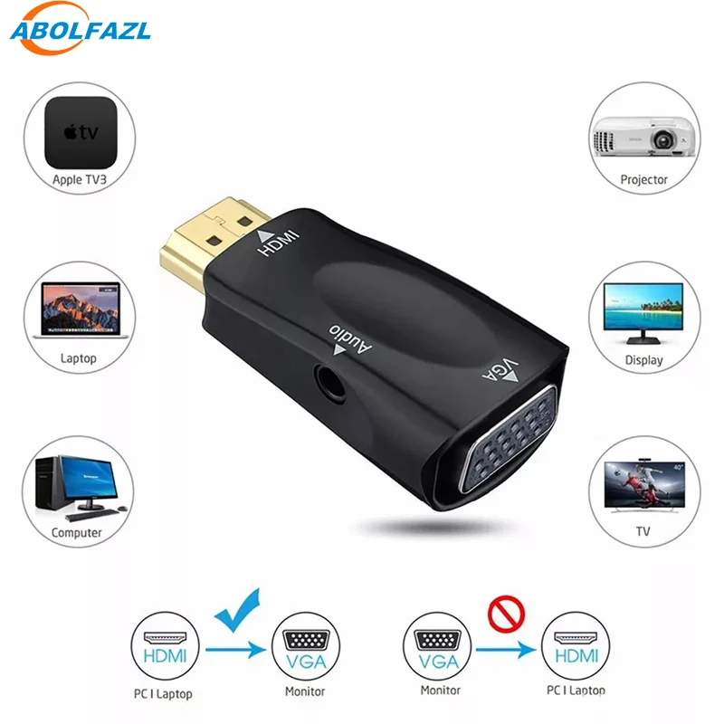 

ABOLFAZL HDMI to VGA Adapter Audio Cable Converter Male to Female HD 1080P For PC Laptop TV Box Computer Display Projector