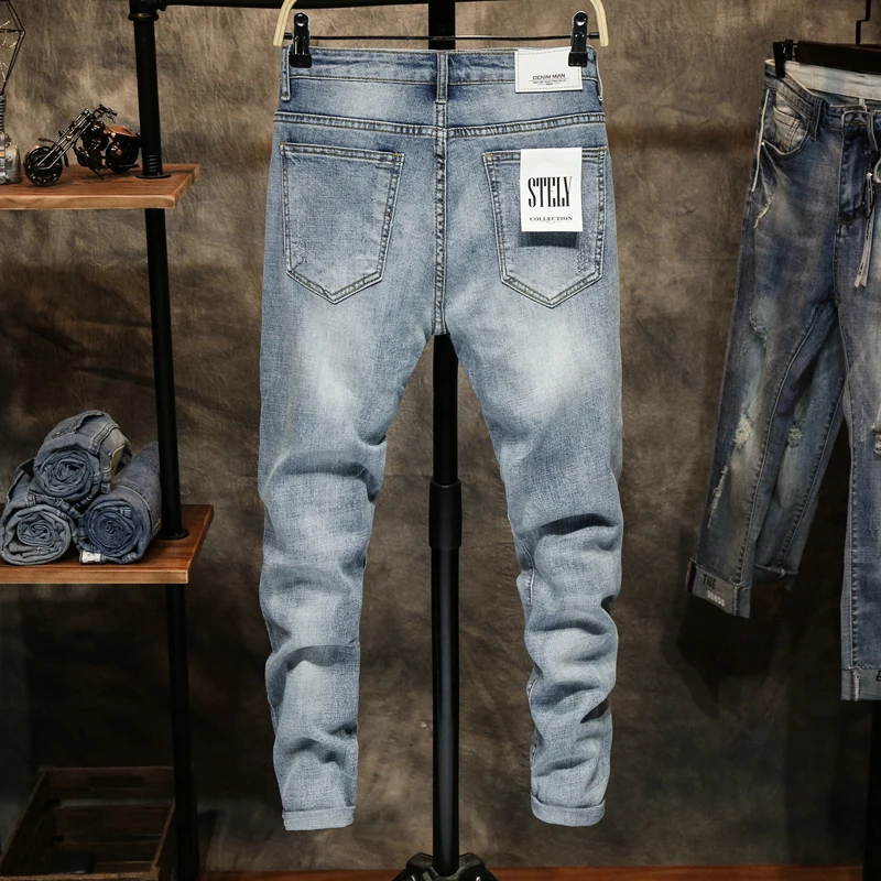 Ripped Jeans Men Skinny Light Blue High Street Style Male Jeans Elasticity Slim Fit Frayed Casual Men Pants Trousers Biker