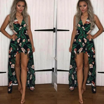 

Summer Vacation 2018 Spaghetti Strap High Waist Tropical Palm print Shirred loose fit Cami Palazzo Women Jumpsuit sexy v neck