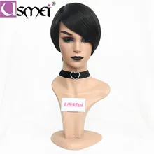 USMEI короткие парики для женщин синтетический парик черные прямые волосы высокой плотности температура волокно парик для костюмированной вечеринки боковая челка парики