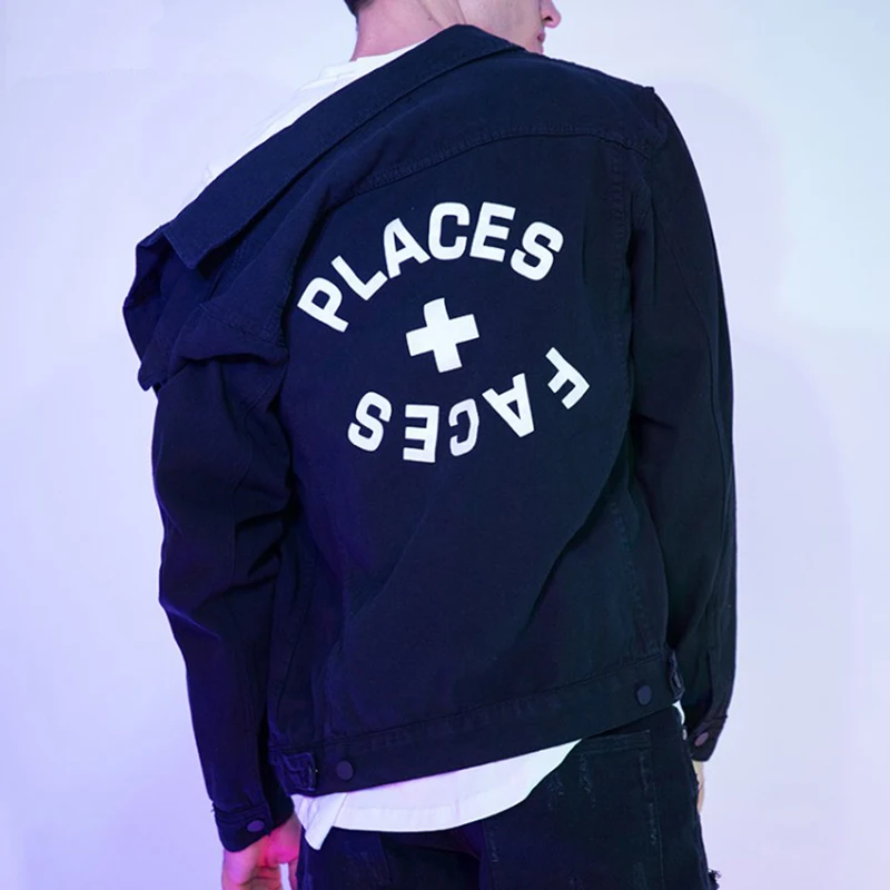 

Places+Faces Letter Printing Men Jackets PF 18FW Classic Black And Orange Stlye Denim Jacket PLACES+FACES Loose Streetwear