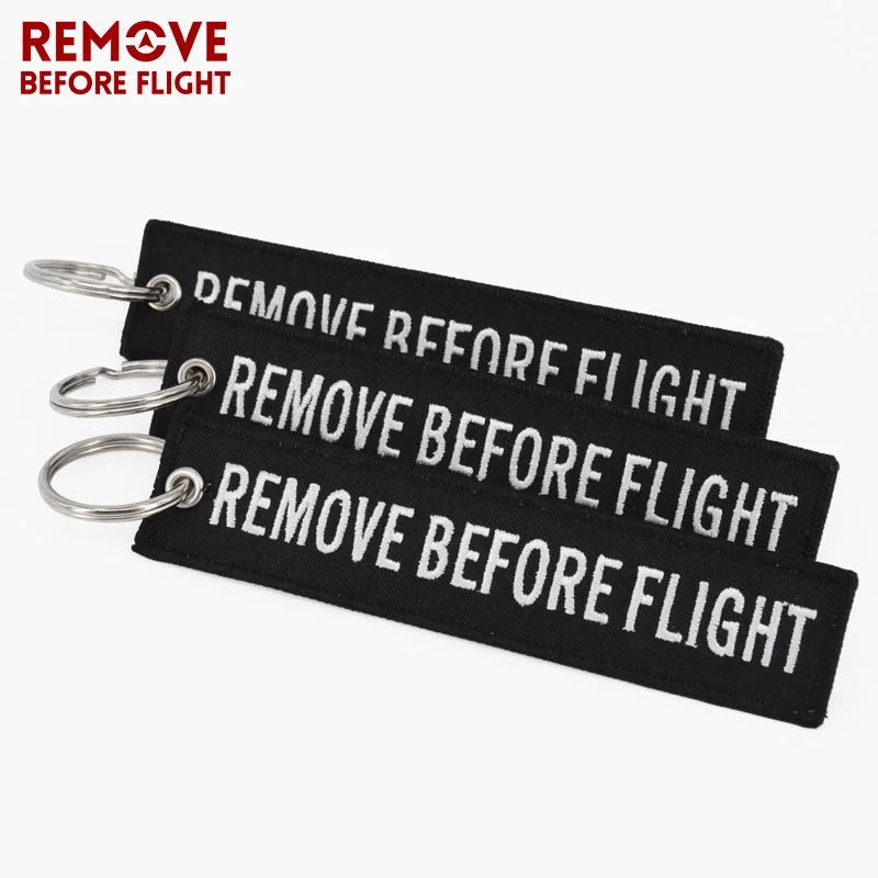 REMOVE BEFORE FLIGHT Keyings Special Luggage Tag Label Black Embroidery Key Ring Chain Aviation Gifts OEM Keychain Key Fobs Easy Reach key tag