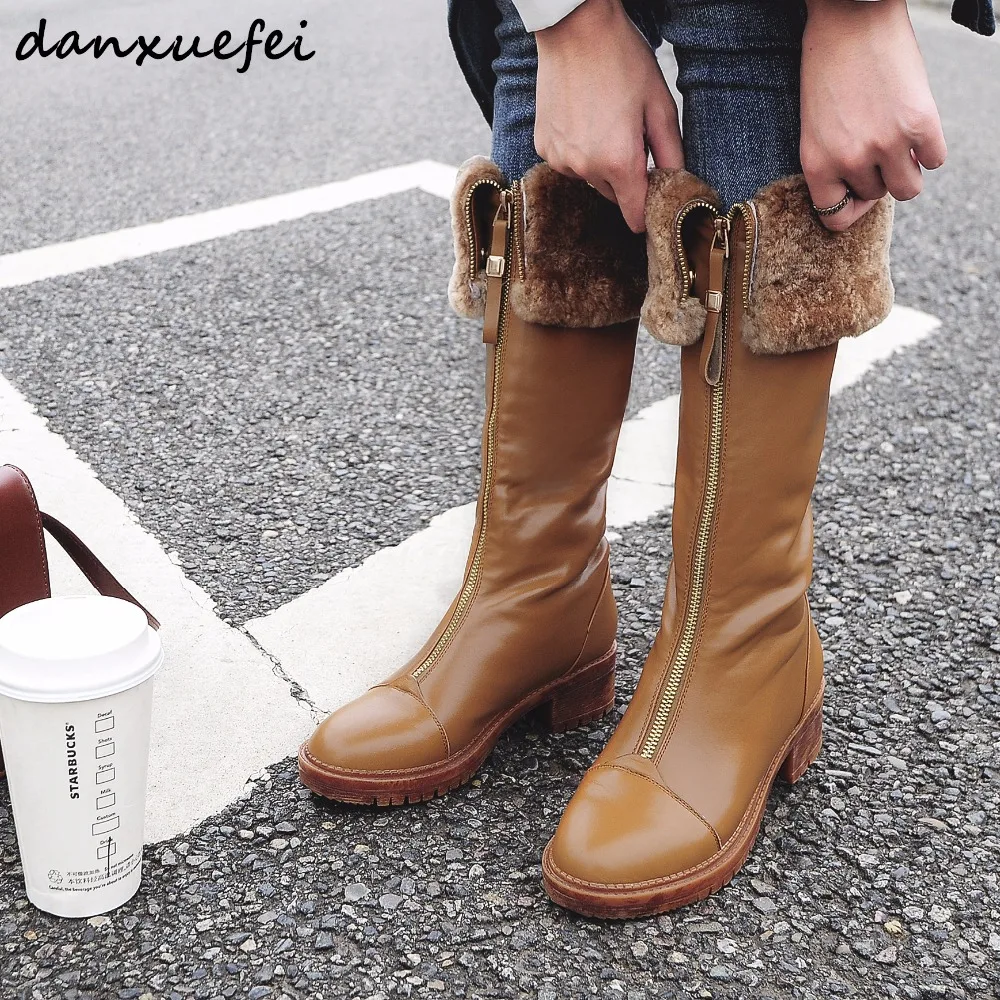 

Women's Genuine Leather Front Zip Winter Knee High Snow Boots Brand DesignCold Weather Female Weterproof Long Boots Shoes Women
