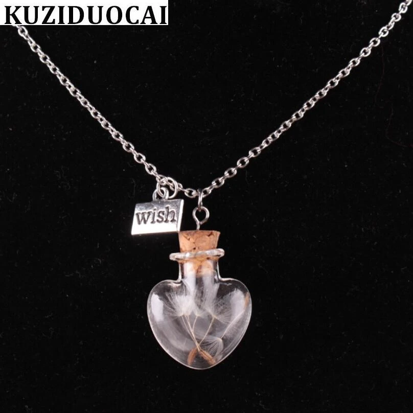 

Wishing Dandelion Seed Drift Bottle Pendant Necklaces For Women Heart Shaped Glass Bottle Fashion Jewelry Halloween Gifts N-531