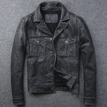 Осень-зима Для мужчин s из стираной кожи куртка Для Мужчин's Винтаж черный воловьей кожи Пальто короткие тонкие пальто Однобортный 3Xl