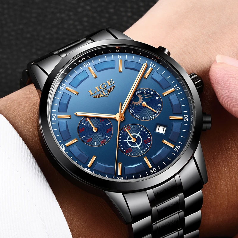 LIGE Men's Waterproof Quartz Watch Full steel Men Watches Dress Business Fashion Casual Sport Moon Phase Black Blue Male Clock