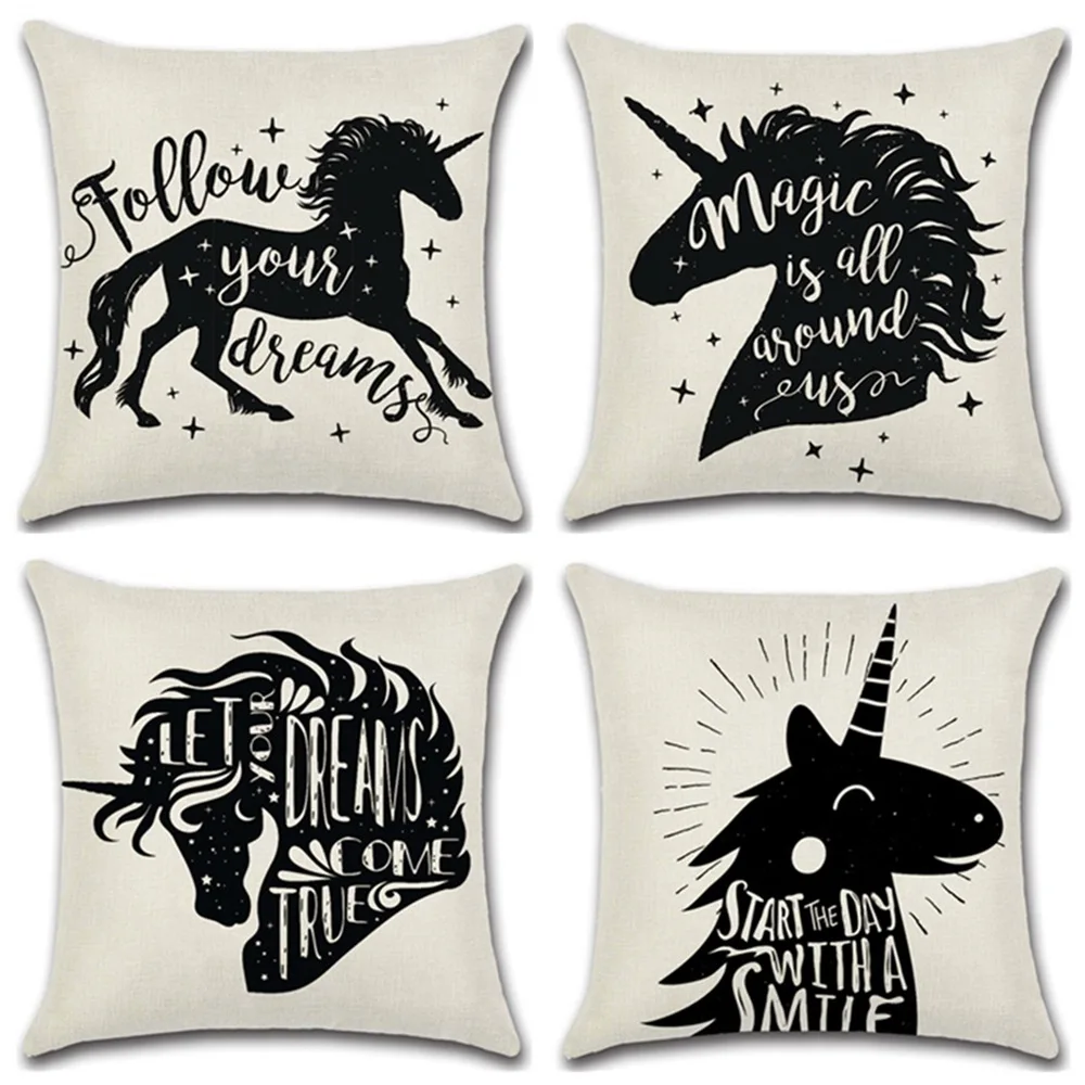 

YWZN Black and White Unicorn Printing Pillow Case Cotton Linen Unicorn Decorative Pillowcases Pillow Case Cover almohada