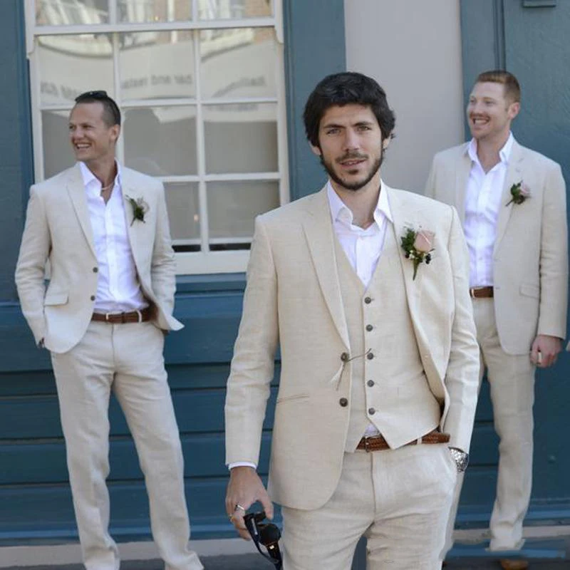 

Latest Coat Pant Designs Linen Ivory Men Suits Blazer Wedding Suits Tuxedos Peaked Lapel Bridegroom Groom Wear 3piece Prom Party