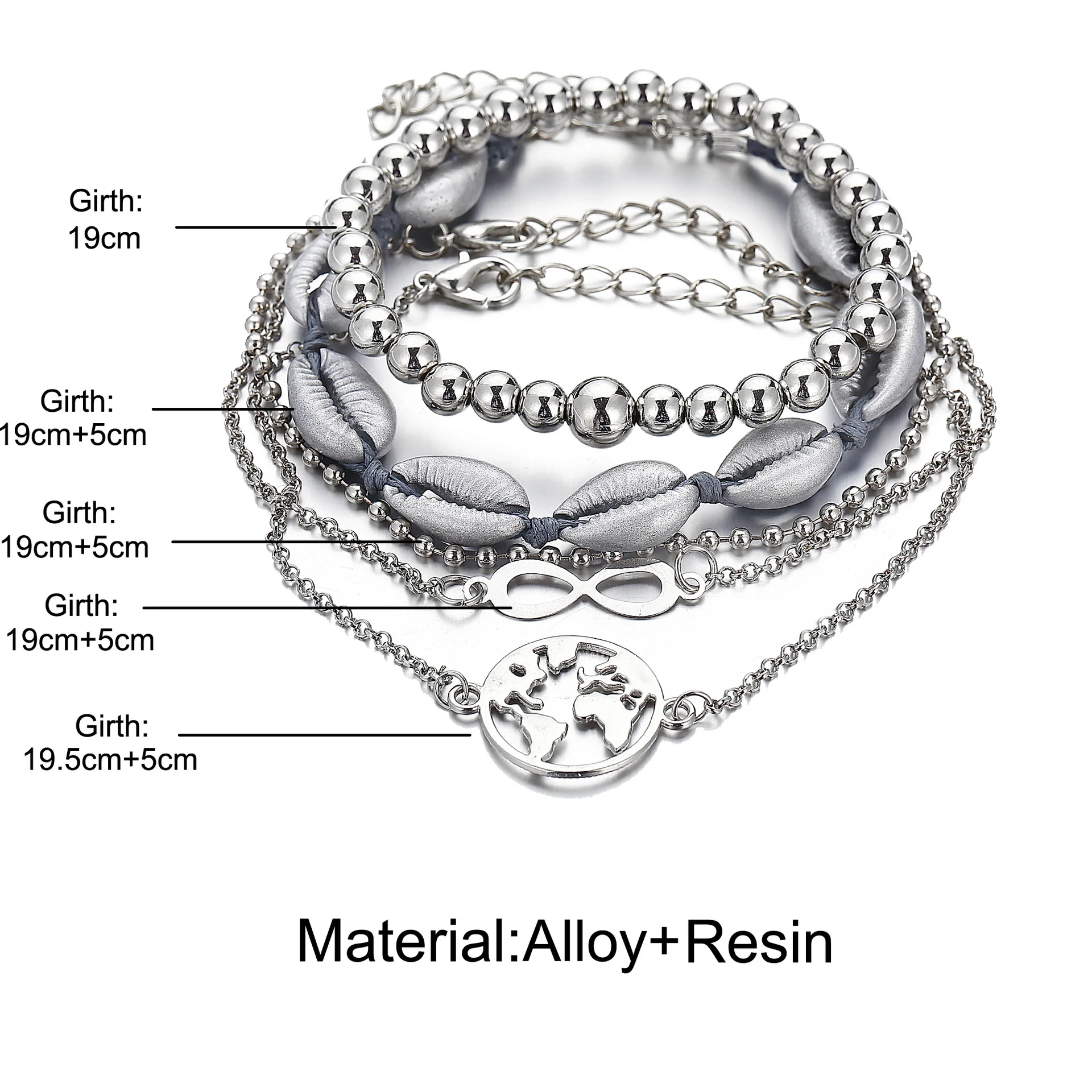 

European and American bohemian new hand jewelry Retro fashion shell 8 word map bead chain bracelet set five-piece