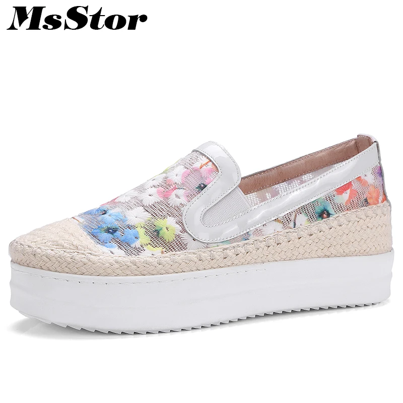 

MsStor Mesh Breathable Women Shoes Fashion Casual Embroider Flat Shoes Thick Bottom Height Increasing Women Flats Lazy Shoes