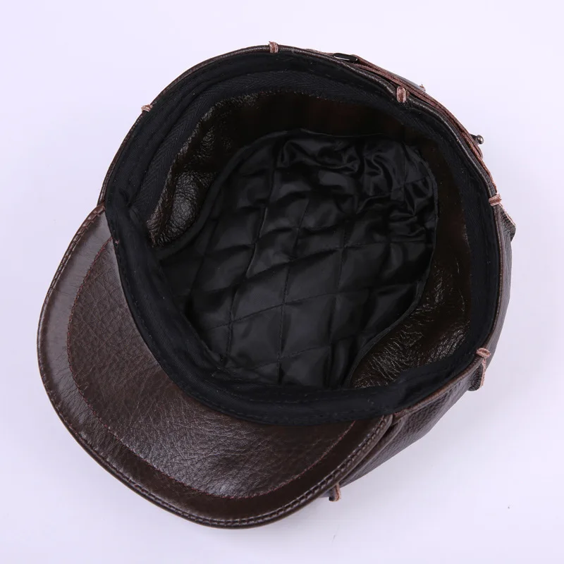 Натуральная кожа шляпа мужская осень зима повседневная Кожаная шапка для взрослых остроконечная Кепка уличная теплая восьмиугольная кепка защита ушей B-7171