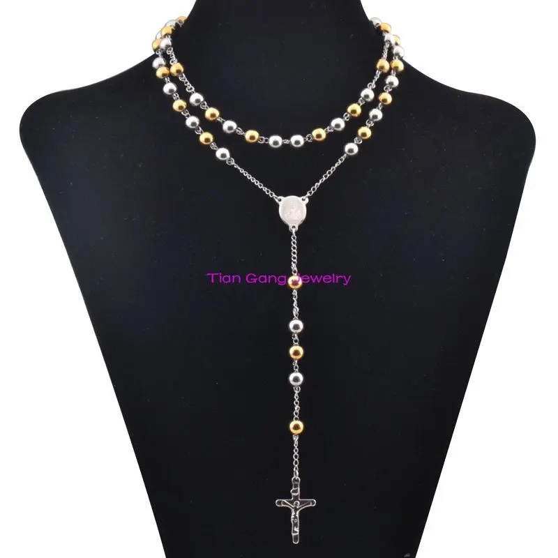 Gold 316L Stainless Steel Mens Cross Pendant 4mm/6mm/8mm Rosary Beads Necklace 