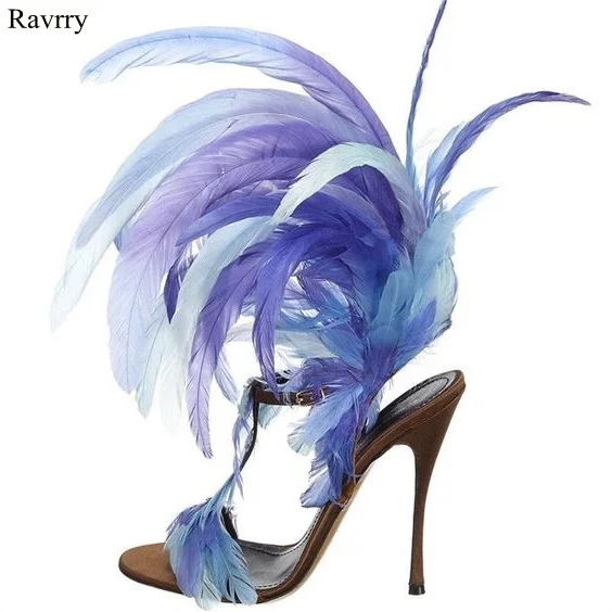 

Ravryy New Designer Feather High Heels Sandals Women Open Toe T-Strap Ankle Buckle Sandals Summer Ladies High Heels Dress Shoes