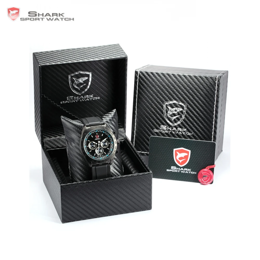 

Luxury Leather Gift Package SHARK Sport Watch Tachymeter Bezel Stopwatch Running Rubber Strap Waterproof Mens Watches /SH271-275