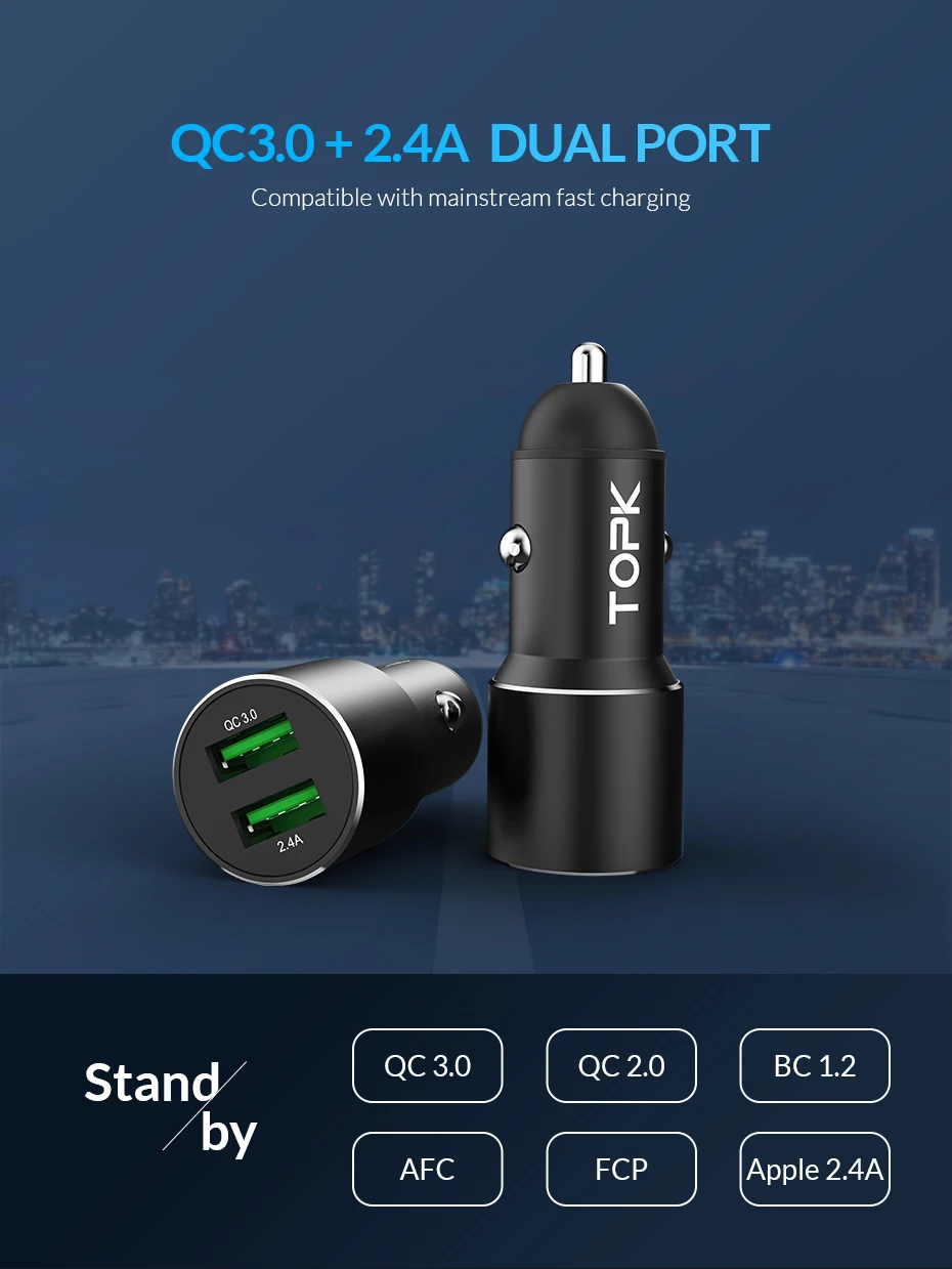 TOPK Dual USB Автомобильное зарядное устройство для iPhone Quick Charge 3.0A быстрое зарядное устройство автомобильное зарядное устройство для телефона Xiaomi samsung зарядное устройство для телефона в автомобиле