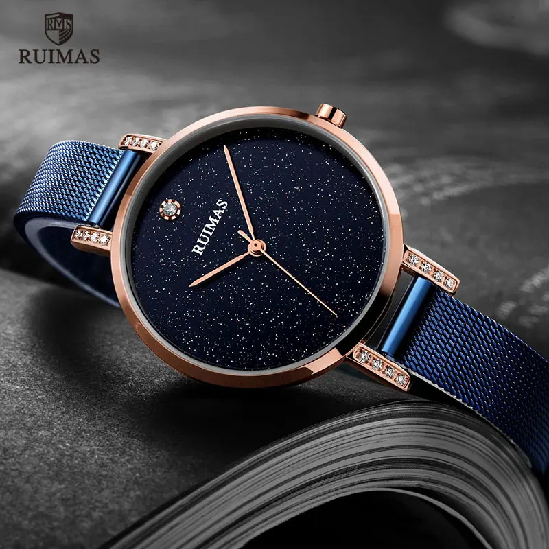 

RUIMAS Women's Single Analogue Wristwatch Luxury Mesh Brand Quartz Watch Lady Relogios Femininos Clock Relojes de Mujer 523 Blue