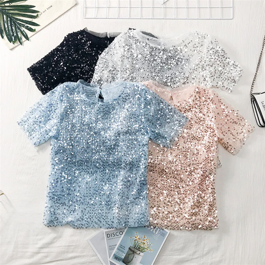 

2019 Big Size Women Sequined T-Shirt Slim Summer O-Neck Hollow Out Mesh Shirt Short Sleeve Tees Lady Basic Tops Pullovers WZ739