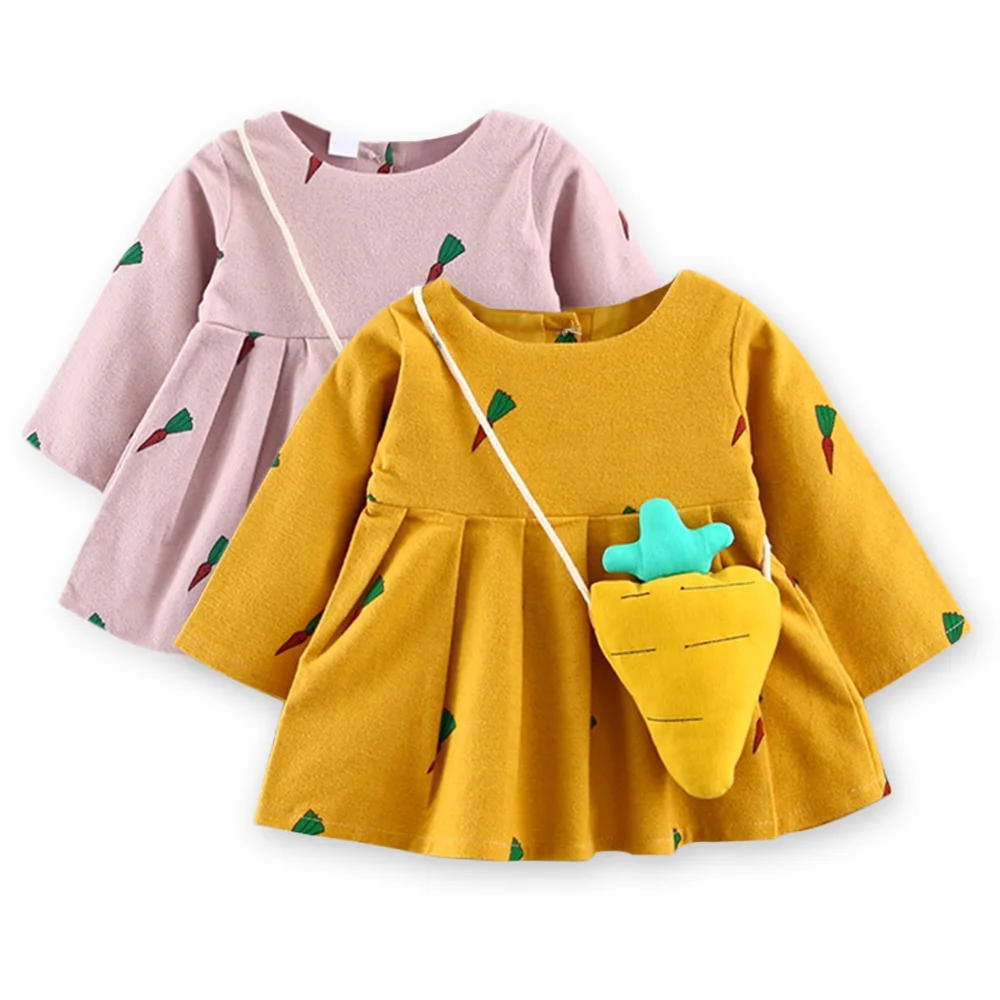 Baby Girls Clothes Girls Easter Dress Long Sleeves Printed Radish With Bag  Autumn and Winter Baby Suit Baby Party Dress