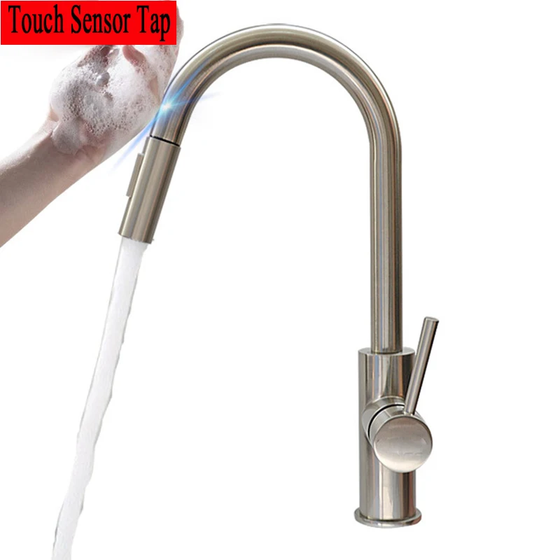 

Touch Sensor Faucet Kitchen 304 Stainless Steel Pull Out Tap Intelligence Touch Panel Sink Faucet Saving Water Mixer Brushed