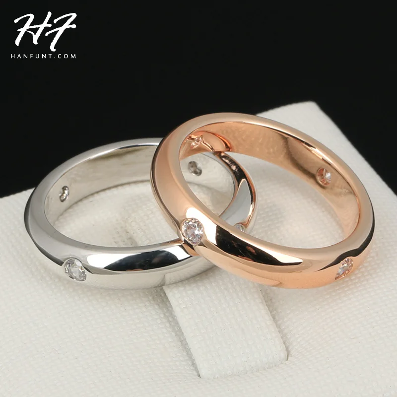 

Simple CZ Lover's Ring Rose Gold Color Burnish 4 Pieces Rhinestone Flush Setting Wedding Band for Women Couples Ring R241 R242