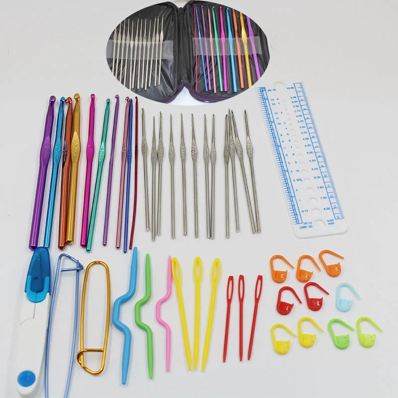 

50pcs Crochet Hooks Set Ergonomics Knitting Needles Aluminum Weave Craft Sewing Collection with Pink Carrying Case