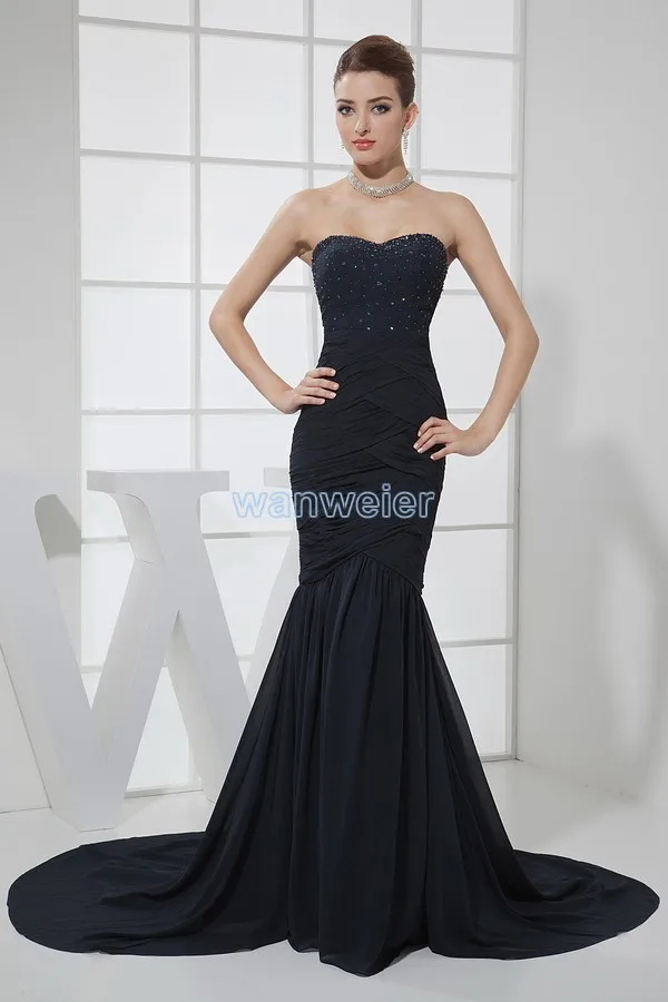 

free shipping 2013 hot sale long black mermaid formal ball gowns custommade size/color beading small train chiffon evening dress
