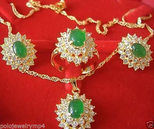 Цена 16new^ ювелирные изделия натуральный зеленый камень ожерелье серьги кольцо комплект+ Цепочка