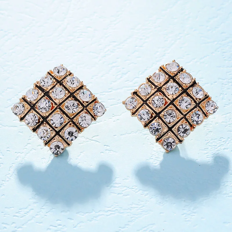 New Korean Temperament OL Square Stud Earrings For Women Fashion Sparking Rhinestone Enamel grid Geometry Earring jewelry | Украшения и