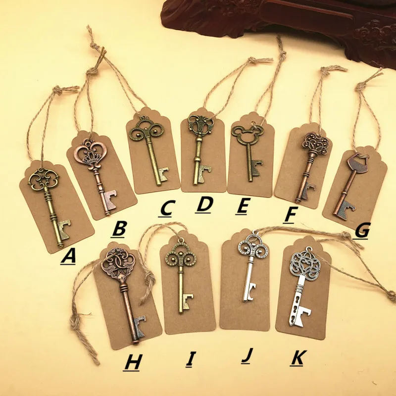 

110 pcs/Lot Mixed 11 Styles Bronze Metal Skeleton Key Shaped Vintage Copper Key Bottle Opener Wedding Party Present Tag Cards