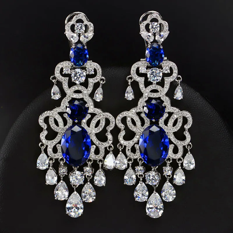 BeaQueen Королевский Европейский дизайн синий кубический цирконий и белый кристалл кисточкой супер большие серьги-висюльки для женщин E039 - Окраска металла: Blue