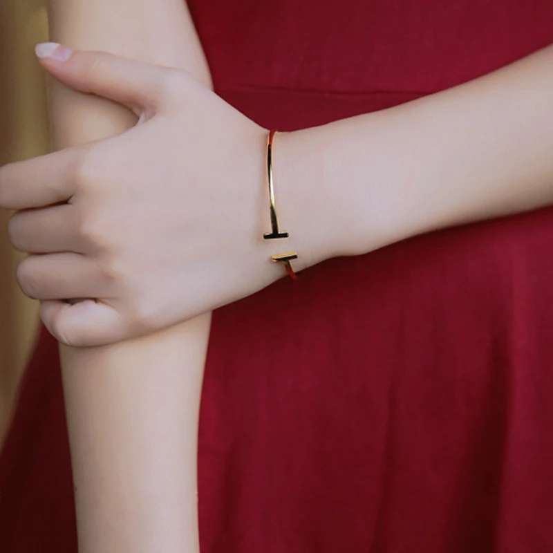 

Fashion Brand T Shape Jewelry Bracelet Opening Letter Design Bangle for Women Rose Gold & Silver color French Jewelry