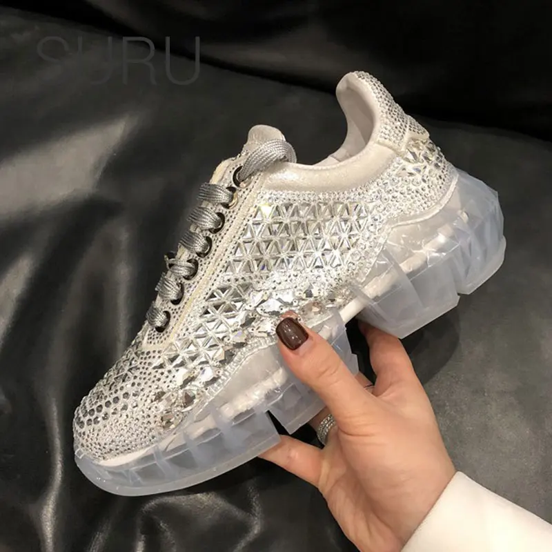 

SURU Crystal Detail Sneakers Shoes For Women Real Leather Lacu Up Transparent platform Sole Top High Casual Shoes
