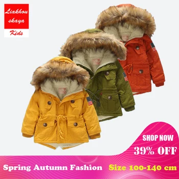 

4-13Y Boys Winter Warm Coat And Jacket 2017 Autumn Winter Korean Boys USA Flag Hooded Coat Thick Cotton Warmer Kids Winter Coats