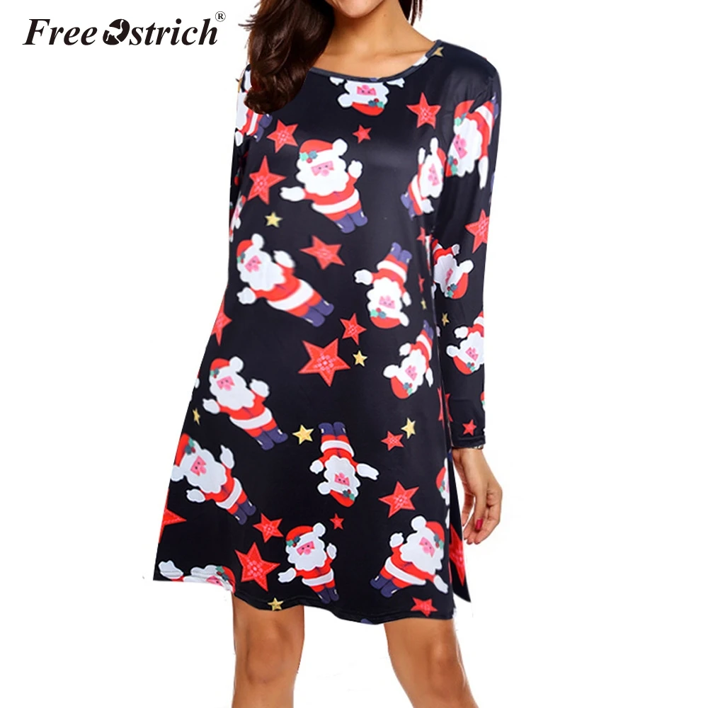 

Free Ostrich Christmas Dress Women Printed Long Sleeve O Neck Robe Pull Allentato Abiye Gece Elbisesi Jardineira Feminina N30