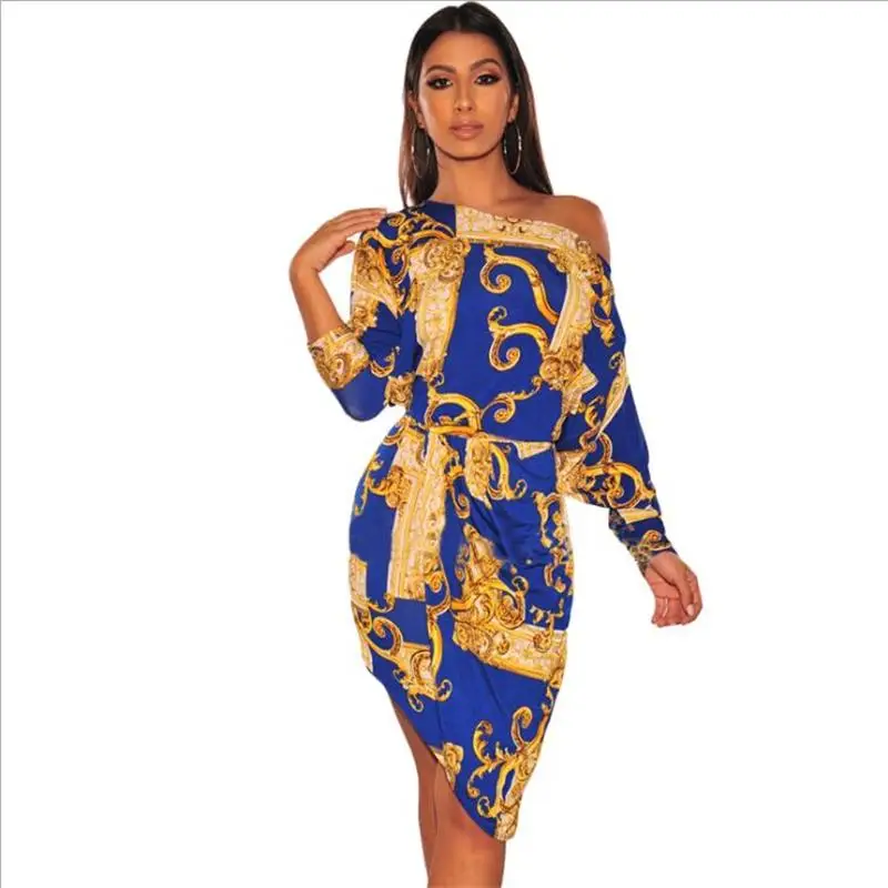 Ropa de Mujer de Verano 2018 de moda de Verano para Mujer Sexy de manga larga de impresión vestido señoras Bodycon vestido cintura vestidos de Verano Mujer